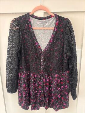 torrid Black Lace Trim Top with Pink Floral Accents